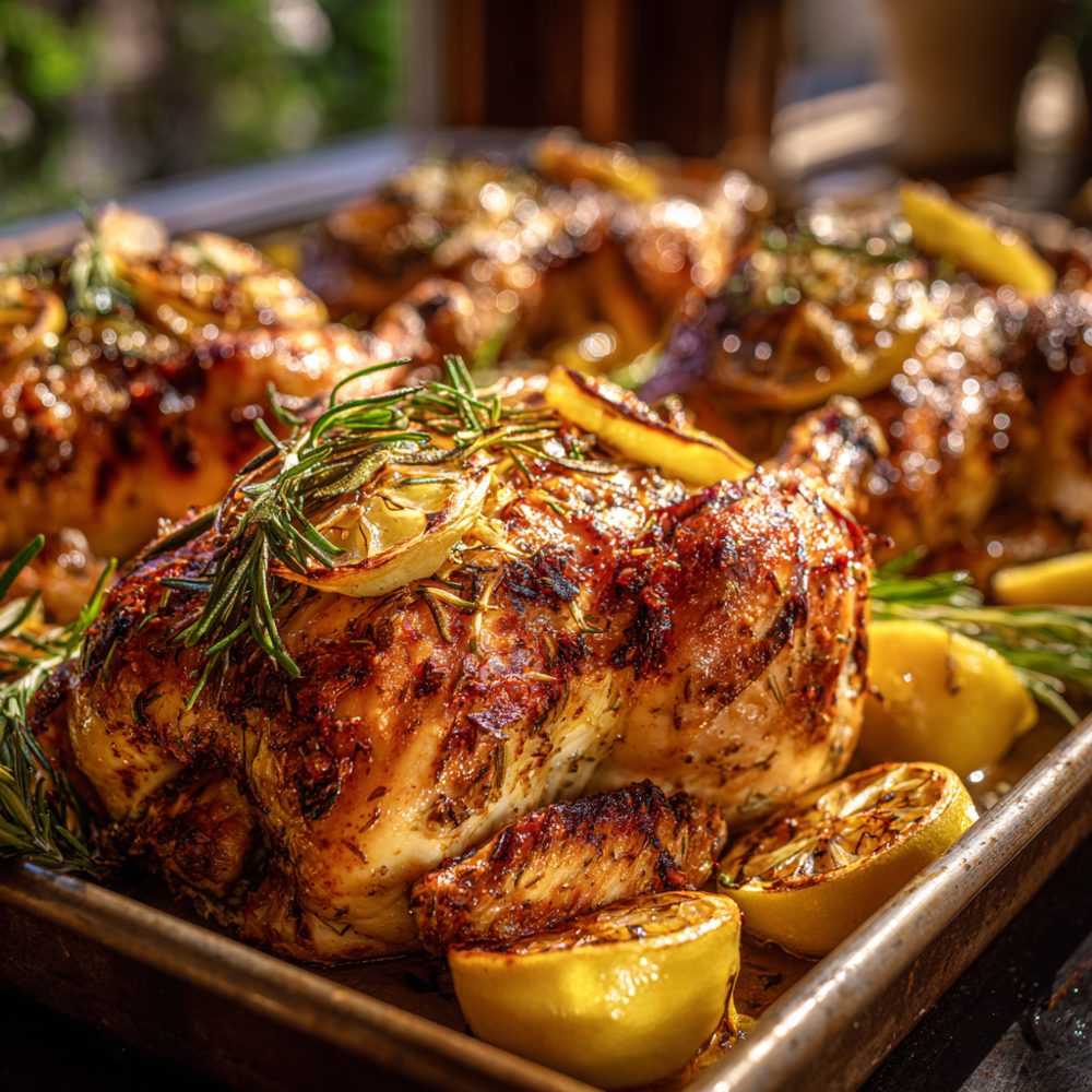 Poulets à la broche au citron et au romarin