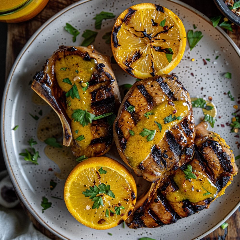 Côtelettes de porc grillées au curcuma et au miel