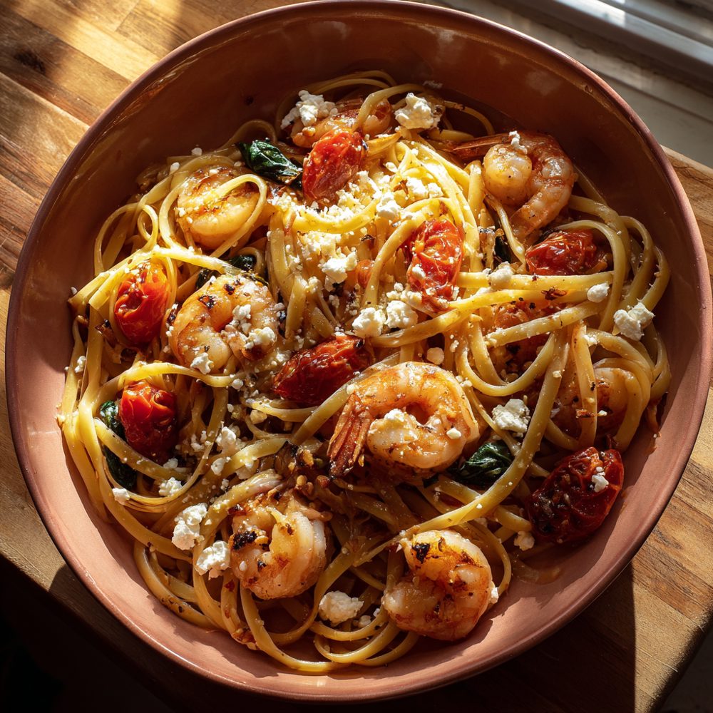Linguine aux crevettes et aux tomates rôties